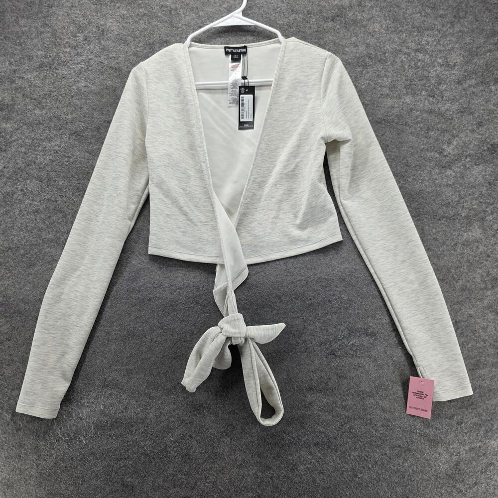 PrettyLittleThing T-Shirt Womens S Ash Grey Cropped V-Neck Long Sleeve Tie